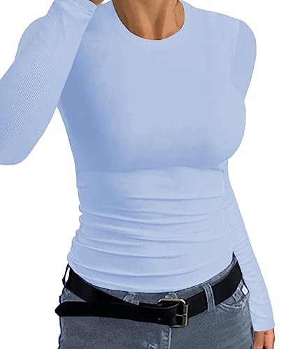 Afibi Women Ribbed Long Sleeve Crew Neck Slim Fit Stretchy Basic T Shirts Tops2