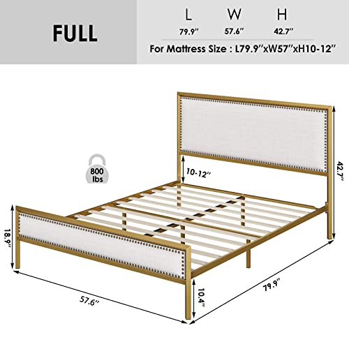 Hithos Full Size Gold Metal Bed Frame With Linen Upholstered Headboard, Platform Bed With 10.4" Under Bed Storage, Mattress Foundation With Nailhead, No Box Spring Needed (Full, Gold Beige/Linen) #TOP1