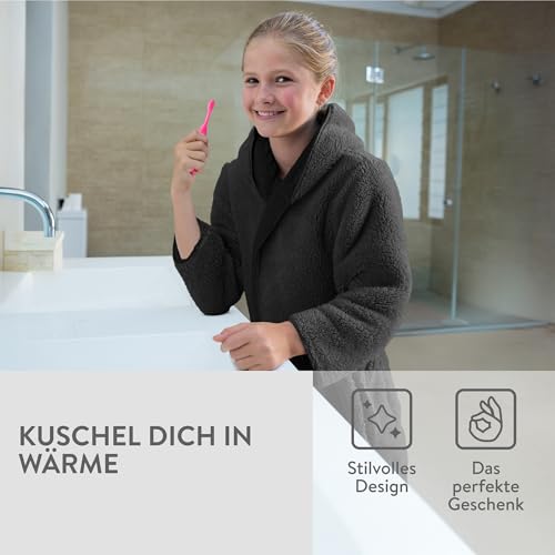 HOMELEVEL Kuschelfleece Bademantel für Kinder - Sherpa Morgenmantel mit Taschen Schalkragen Gürtel - Wende-Kinderbademantel für Jungen und Mädchen