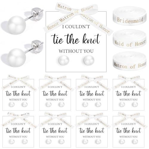Highergo 8 Sets Bridesmaid Pearl Earrings Bridesmaid Proposal Gifts I Couldn't Tie the Knot Without You Jewelry Gifts Pearl Earrings for Wedding