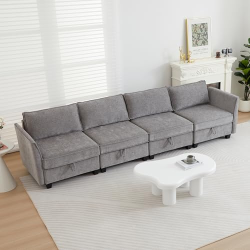 Image of Modular Sectional Sofa, Convertible Couch with Storage, 4 Seater Sofa Modular with Reversible Chaise for Living Room, Office (Grey)