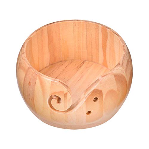 Image of Wooden Crafted Yarn Ball Storage Bowl with Carved Holes and Drills Holes Wooden Yarn Bowl for Crocheting Knitting Accessories DIY Crafts (B)