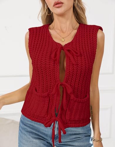 Image of Trendy Cardigan Sweater Vest Crochet Knit Top Sleeveless Bows with Pockets
