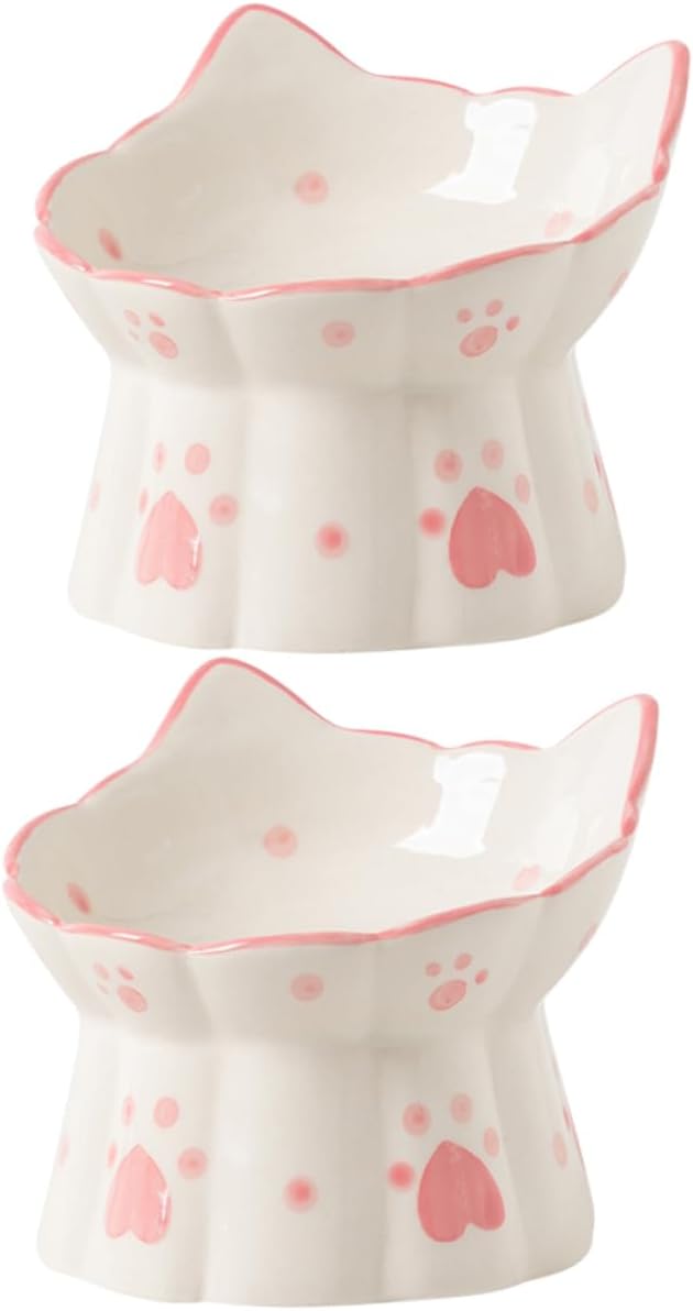 2pcs Ceramic Neck Bowl Elevated Cat Food Feeder Pet Supplies for Indoor Cats