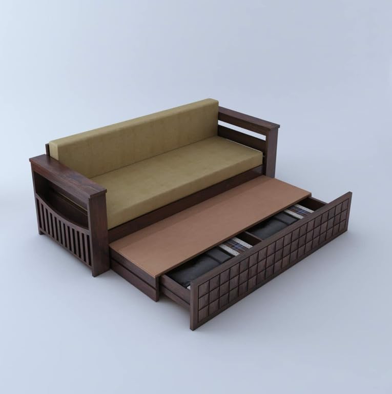 Image of Solid Sheesham Wood Sofa Cum Bed 2 Seater | Wooden Foldable Double Bed for Living Room with Headboard & Storage | Bed Cum Sofa with Mattress for Home | Diamond Design (Walnut Finish)
