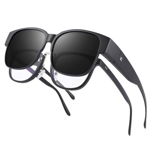 Bircenpro Überzieh Sonnenbrille für Herren Damen: Polarisiert TR90 Rahmen Sonnenbrille UV-Schutz Quadratisch Überbrille für Fahren Golfen Schwarze Gläser
