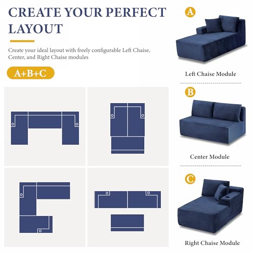 Image of 96 inch Sectional Couches for Living Room Cloud Couch Sofa with L-Shape Upholstered Boneless Couchs Modern Modular Sectional Couch with Chaise (Bule, 133 inch W+U Facing Chaise)