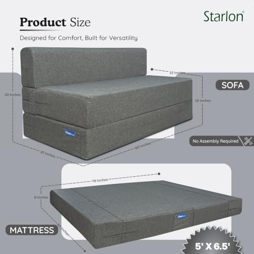 Image of Starlon 3 Seater Foldable Sofa Cum Bed 3-in-1 with Washable Jute Fabric Cover, Space Saving Guest Bed for Living Room & Apartment, Pre-Assembled Ash Gray 5x6.5 Ft