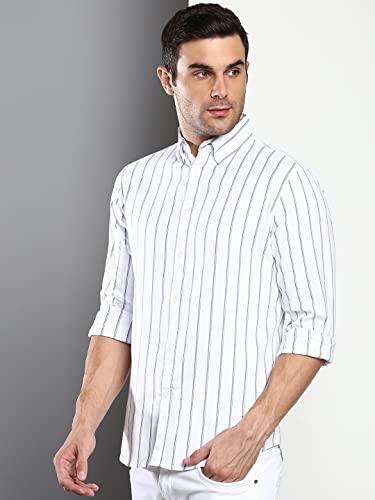 Image of Dennis Lingo Men's Striped Slim Fit Oxford Cotton Casual Shirt with Button Down Collar & Full Sleeves
