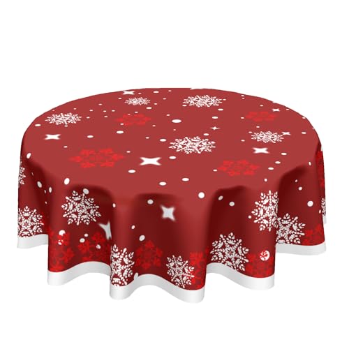Sweetshow Xmas Table Cloth Round Winter Red White Snowflake Stars Tablecloth 60 Inch Decor Washable Stain and Wrinkle Resistant Round Table Cover for Dining Picnic