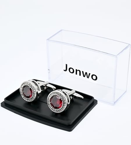 Jonwo Red Crystal Gemstone Cufflinks for Men Lady In Gift Case Silver Round Men's Cufflinks Jewelry Set for Wedding Anniversary Business Party Events Tuxedo Dress Shirt4
