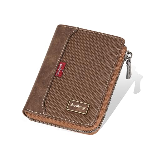 Slim RFID Wallet for Men with Zipper Pocket, Compact Design Leather Zipper Wallet Purse, Small Wallet with Card Slots, Mens Trifold Card Holder Wallet with Clear Photo Position, Brown