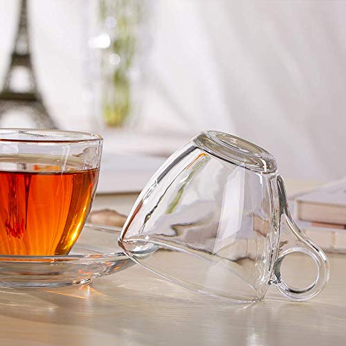 Image of KELVEE New Crystal Clear Classic Glass Tea & Coffee Cup and Saucer Set, for Latte Cappuccino Espresso Mocha and More, (6 Cups and 6 Saucers) - Pack of 12 (Honey)