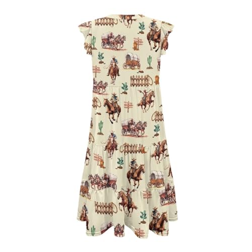 Image of Women's Casual Ruffle Sleeve Dress V Neck Pullover Dress Flowy A-Line Pleated Lightweight Dress with Pockets