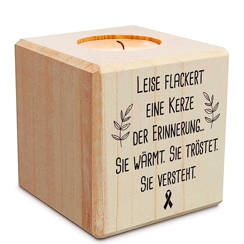 Trauerlicht - leise flackert eine Kerze - Teelichthalter mit Gravur aus Holz - Grabschmuck - Trauergeschenk - Gedenklicht - Erinnerungslicht - Kerze zur Trauerbewältung - Holzwürfel
