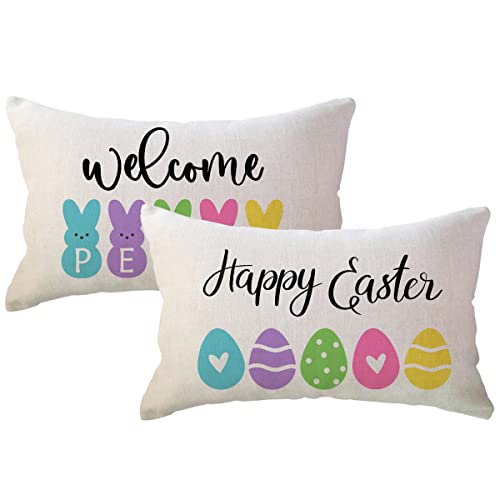 Happy Easter Welcome Peeps Lumbar Pillow Covers Colorful Easter Bunny Eggs Farmhouse Easter/Spring Blessing/Welcome Decorative Rectangular/Waist Pillow Cases 12x20 Inch,2Pack for Sofa/Couch/Porch