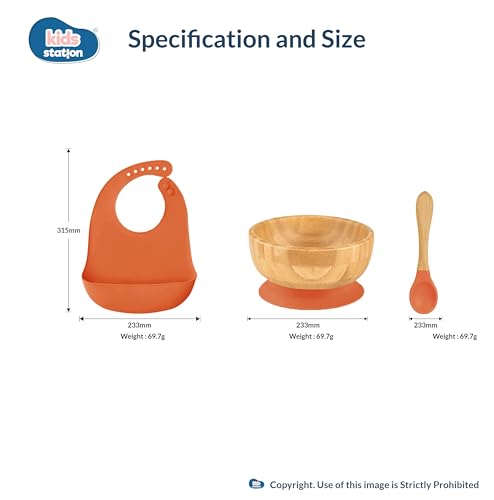 Image of Kids Station Wooden Baby Feeding Set - Bowl, Spoon & Bib - Orange | Eco-Friendly Self-Feeding Baby Tableware Set (3 pcs, Orange)