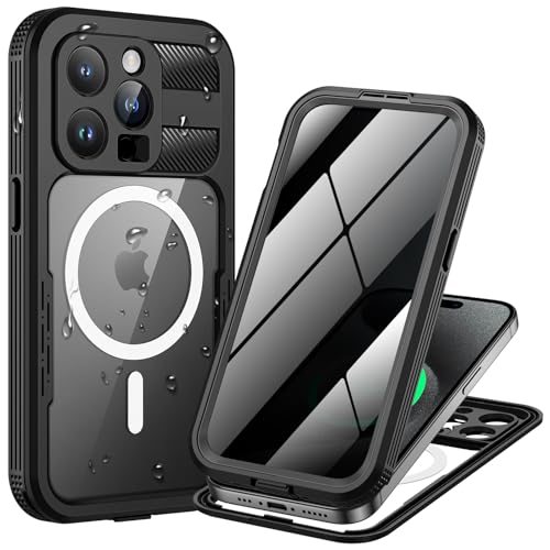 Lanhiem Magnetic for iPhone 15 Pro Max Waterproof Case Built-in Privacy Screen Protector Compatible with MagSafe Anti-Spy Full Body Phone Case for iPhone 15 Pro Max 6.7 Black