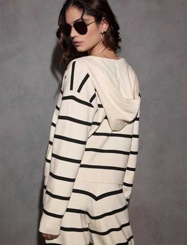 KFUBUO Women 2 Piece Lounge Sets Fall Outfits 2025 Sweatsuits Stripe V Neck Hooded Sweater Wide Leg Pants Set2