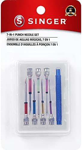 SINGER 8 Piece Punch Needle Embroidery Kit with 7 Assorted Size Punch Needle Heads, Interchangeable Handle, and Punch Needle Storage Case