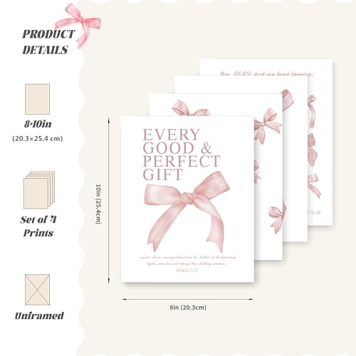 Image of LARTSFRO Coquette Pink Bow Wall Art Decor Posters, Blush Pink Bow Room Bedroom Bathroom Dorm Wall Art Decor Aesthetic for College Teen Girls Gifts, Inspirational Bible Verses Bow Wall Decor, 10x8 Inch Set of 4 Pcs Bow Pictures (UNFRAMED)