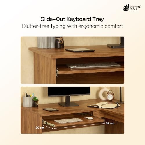 Image of Green Soul Brixton (2026 Edition) L-Shape Computer Table for Home PC, Keyboard Tray, 2 Storage Shelves, IS-3087 Engineered Wood, Expansive Tabletop, Latin Walnut, 3 Year Assurance