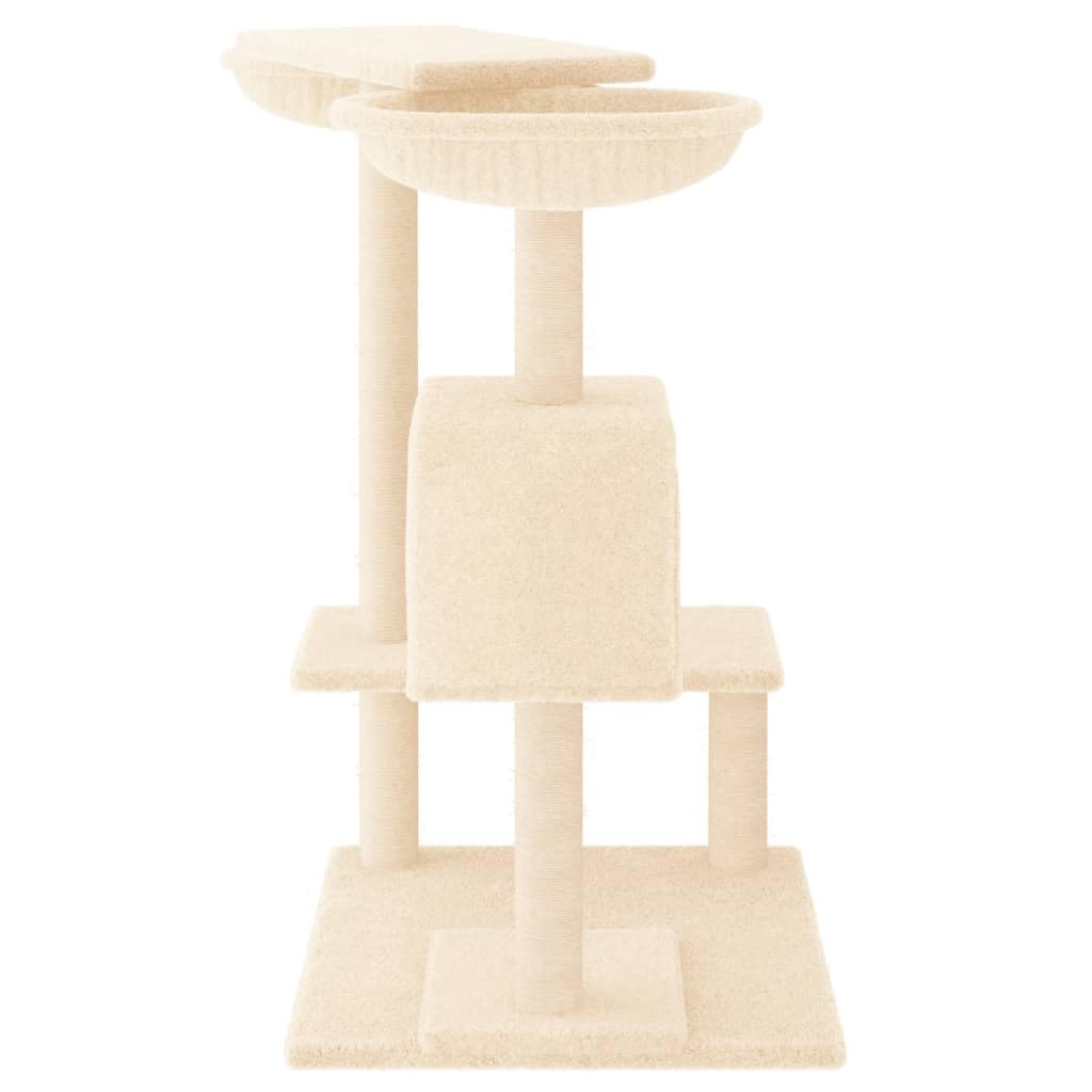 Kratzbaum 82 cm hoch Katzenbaummit 2 Katzenhäusern Creme | Mehrstufiger Spielturm aus Holzwerkstofffür das Wohnzimmer mit Sisal-Kratzsäulen und Liegemulden.