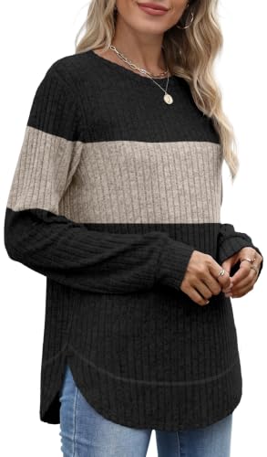 OFEEFAN Womens Sweaters Crew Neck Tunic Tops Long Sleeve Shirts Curved Hem - Image 4