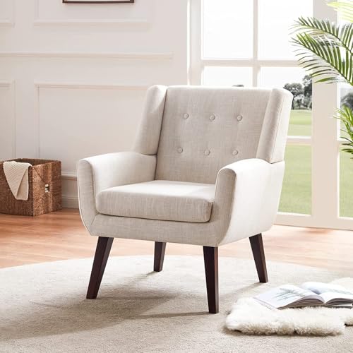 Image of Modern Home & Living Room Lounge Chair Furniture |Upholstered in Linen| Internal Structure Made in Solid Wood | Teak Wood Legs |- (151851229)