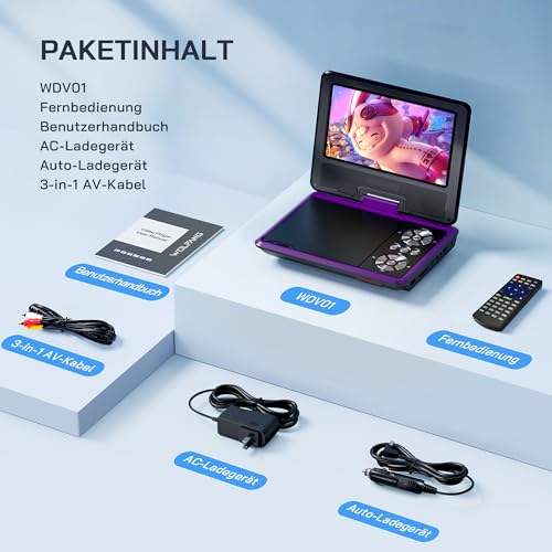WOLFANG 9,5 Zoll Aufladbarer Tragbarer DVD-Player für Kinder im Auto, 7,5 Zoll HD Drehbildschirm, 6 Stunden Spielzeit, Sync TV/USB/SD, Keine Blu-ray-Unterstützung (Lila)
