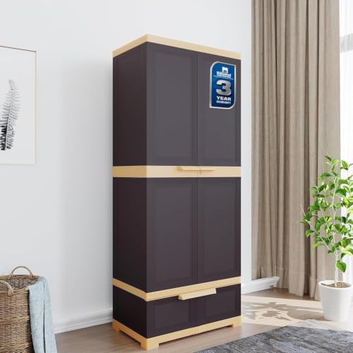Image of Nilkamal Freedom FMDR1BE Plastic Storage Wardrobe with 1 Bottom Drawer and Clothes Organizer |3-Year Warranty|Almirah for Home, Living Room, Bed Room|Adult & Kids|Weather Brown /Biscuit