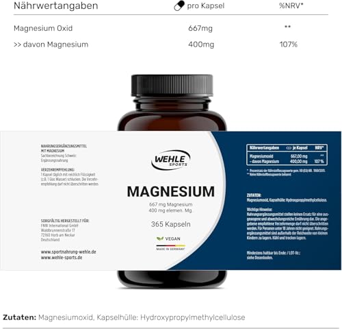 Magnesium 400mg Kapseln hochdosiert - 365 Stück (1 Jahr) 667mg je Kapsel, davon 400mg elementares Magnesium I Vegan - Wehle Sports - Verpackung kann variieren