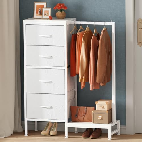 Image of HIGDBFE Dresser with Hanging Rack, 4 Drawers Small Closet for Bedroom, Reversible Fabric Kids Chest of Drawers with Clothes Rack, Tall Storage Tower, Sturdy Frame, White, 44''H