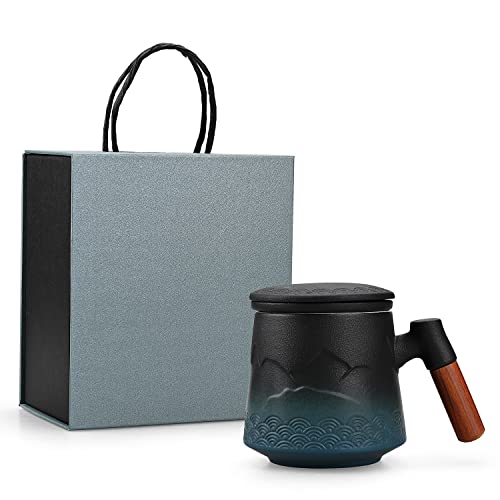 Ncqixiao Tea Cup With Infuser And Lid, Gradual Mountain And Spray Tea Mug Cups With Infuser, Wood Handle Ceramic Coffee Mug With Lid Tea 430Ml/14.50 Oz (Gradient Blue) #TOP6