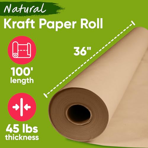 Paclord USA Made 36\" x 1200\" Brown Kraft Paper Roll, 45 lbs Thickness, American Quality Colored Paper Roll for Kids Crafts, Bulletin Board, School - Non-Toxic, Odorless, Safe for Kids