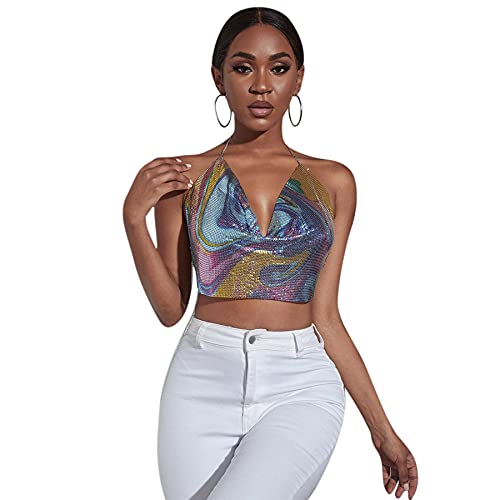 Women Sexy Shiny Rhinestone Tank Top Deep V Neck Halter Metal Body