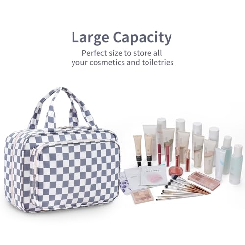 Image of Narwey Large Hanging Toiletry Bag Travel Makeup Bag Cosmetic Organizer for Women and Girls, Z-Grayish Blue Checkerboard, Large