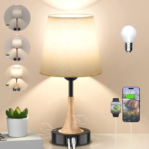 NestAura Lamparas de Mesita de Noche, Lámpara de Noche LED Regulable Táctil, 3 Brillo Ajustable, Lampara de Mesa con Puertos de Carga USB A+C, para Dormitorio, Sala de Estar, Habitación de Niños