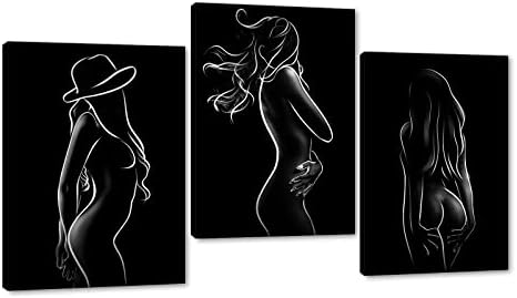 Canvas Wall Art for Bedroom Nude Line Drawing Poster Black and White Art Woman Pictures HD Print Abstract Body Artwork Modern Home Decor Apartment Bar Hotel Wall Decor Framed Easy to Hang - 12x16inchx3Pcs
