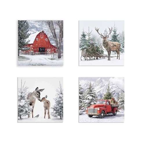 Vintage Christmas Wall Decor Winter Canvas Art: Reindeer Winter Scene Painting Farmhouse Christmas Pictures Decorations for Home Xmas Holiday Artwork