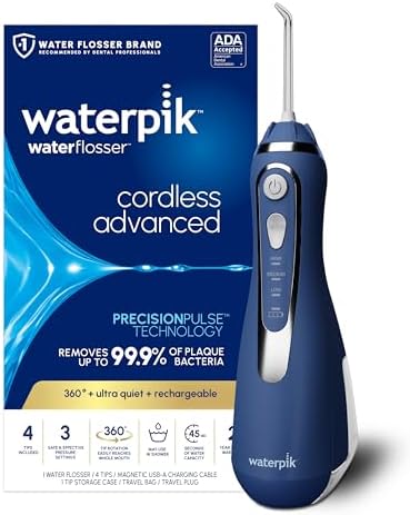 Waterpik Cordless Advanced 2.0 Water Flosser For Teeth, Gums, Braces, Dental Care With Travel Bag and 4 Tips, ADA Accepted, Rechargeable, Portable, and Waterproof, Blue WP-583, Packaging May Vary