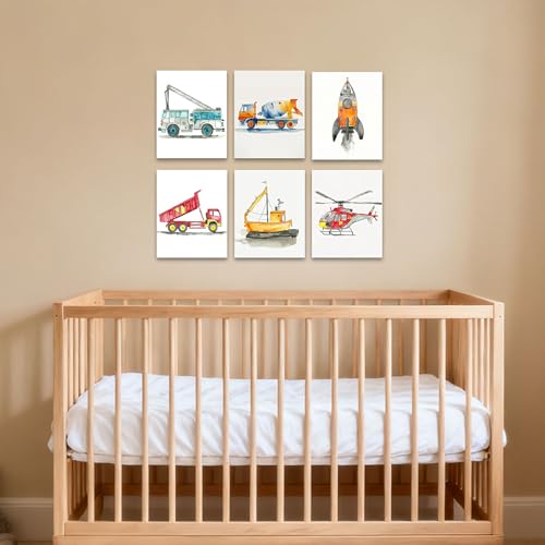 Image of Frimeeme Car Wall Art Boys Room Canvas Wall Decor Nursery Prints, Unframed | Kids Decor with Airplanes, Rockets & Ships for Boys' Nursery, Bedroom & Playroom, 8x10 Inches, Set of 6