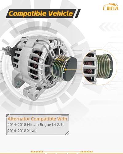 Image of 11648 Alternator 12V 120A Compatible with 2014-2020 Xtrail Nissan | Rogue L4 2.5L Replace 23100-4BA0A 23100-4BA0B TG12C152 PP11648N