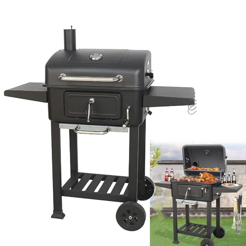 Parrilla portátil de carbón con ruedas, termómetro visual, ventilación de aire ajustable y lavabo de elevación para cocinar al aire libre, pícnics y camping