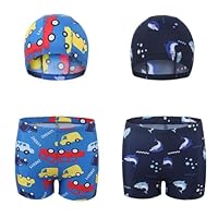 FedMois Boy Swim Set, 4 Pieces Set, 2 Swimming Shorts + 2 Swimming Caps, Sharks and Cars, 7-9 Years