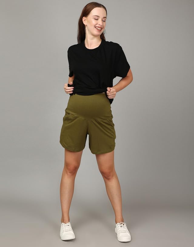 The Mom Store Maternity Shorts for Pregnancy - Stretchy Comfort Fit Pregnancy Shorts for Expecting Moms - Breathable Cotton Fabric with Adjustable Drawstring Waistband(Olive, 3XL) - Image 8 thumbnail