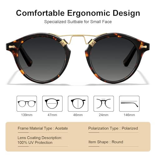 Image of CARFIA Double Bridge Small Acetate Sunglasses for Women Polarized, Retro Metal Brow Ladies Sunnies Fashion Round Eyewears