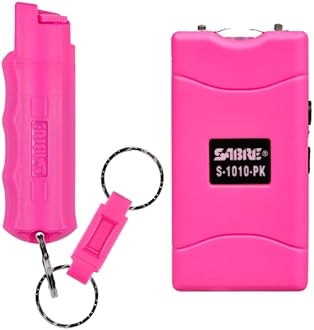 Pepper Spray And 2-in-1 Stun Gun and Flashlight, 25 Bursts of Max Strength OC Spray, Intuitive Finger Grip, 0.54 fl oz, Painful 1.160 µC Charge, 120 Lumens, Rechargeable, Safety Switch, Holster