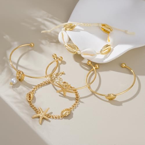Shell Bracelet Seashell Boho Beaded Stretch Bracelets for Women Summer Beach Bracelets Starfish Charm Bracelet Stackable Gold Bracelets Set for Women Jewelry Gifts3