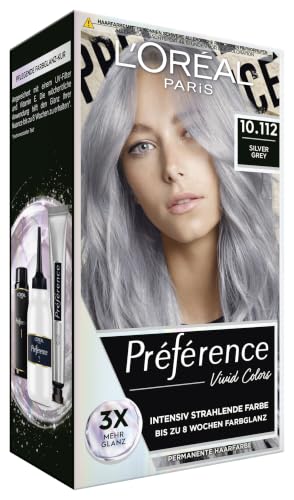 LOréal Paris Intensive dauerhafte Haarfarbe Bis zu 8 Wochen glänzendes Haar und intensive Farbe Préférence Vivid Colors Farbe: 10.112 SILVER GREY 1 Stück